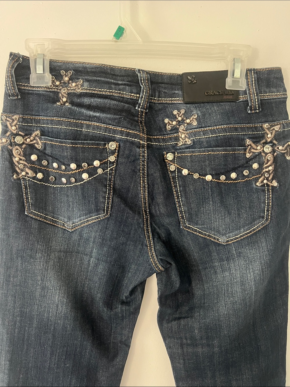 Grace in LA Dark Blue Studded Boot Cut Jeans Criss embroidered accents
